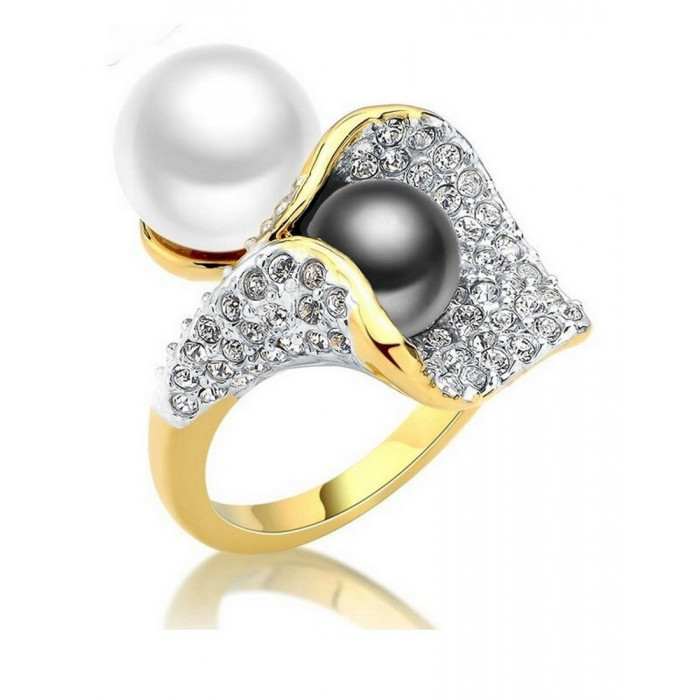 Bague Plaqué Or avec 2 perles et Oxyde De...